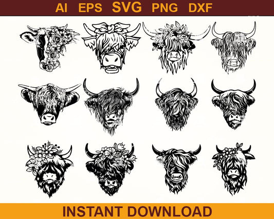Highland Cow Svg Bundle | Cuttable Design SVG PNG DXF |vDesigns Cricut Cameo File Silhouette | Instant Download
