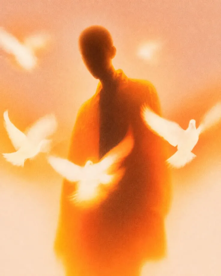 A figure in orange light with white doves