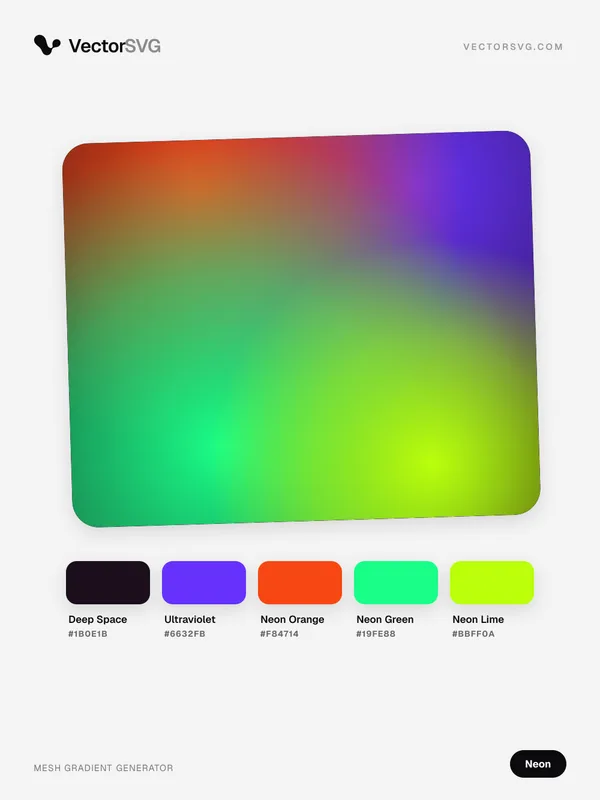 Mesh-Verlauf Acid Arcade (Neon): Deep Space #1B0E1B, Ultraviolet #6632FB, Neon Orange #F84714, Neon Green #19FE88, Neon Lime #BBFF0A Mesh-Verlauf Acid Arcade (Neon): Deep Space #1B0E1B, Ultraviolet #6632FB, Neon Orange #F84714, Neon Green #19FE88, Neon Lime #BBFF0A