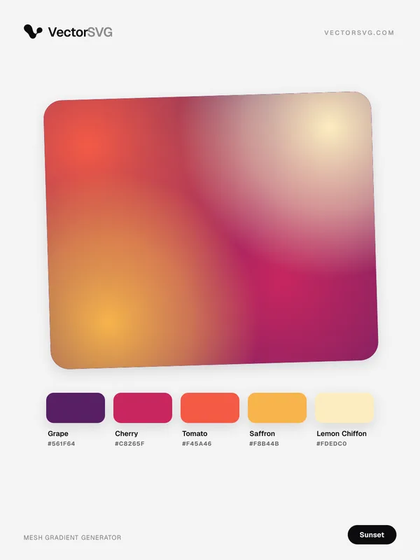 Amber Afterglow Sunset mesh gradient: Grape #561F64, Cherry #C8265F, Tomato #F45A46, Saffron #F8B44B, Lemon Chiffon #FDEDC0 Amber Afterglow Sunset mesh gradient: Grape #561F64, Cherry #C8265F, Tomato #F45A46, Saffron #F8B44B, Lemon Chiffon #FDEDC0