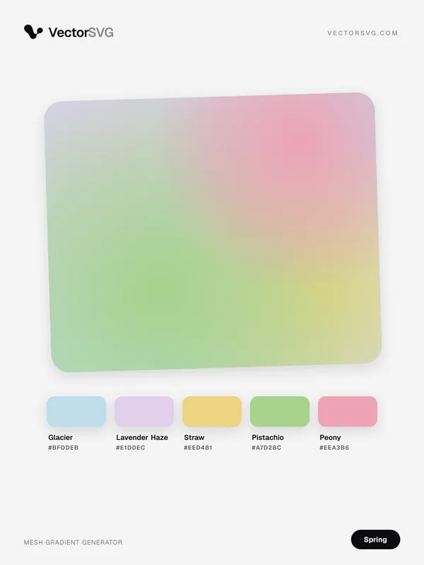 April Orchard Spring mesh gradient: Glacier #BFDDEB, Lavender Haze #E1D0EC, Straw #EED481, Pistachio #A7D28C, Peony #EEA3B6 April Orchard Spring mesh gradient: Glacier #BFDDEB, Lavender Haze #E1D0EC, Straw #EED481, Pistachio #A7D28C, Peony #EEA3B6