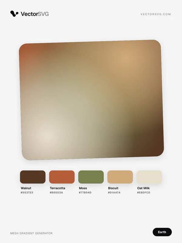 Mesh-Verlauf Canyon Hearth (Erdtöne): Walnut #553723, Terracotta #B65D3A, Moss #77804D, Biscuit #D1AA7A, Oat Milk #E8DFCD Mesh-Verlauf Canyon Hearth (Erdtöne): Walnut #553723, Terracotta #B65D3A, Moss #77804D, Biscuit #D1AA7A, Oat Milk #E8DFCD