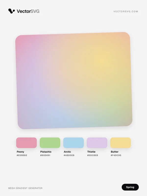 Cherry Bouquet Spring mesh gradient: Peony #E59BB2, Pistachio #B0D691, Arctic #ABD5EB, Thistle #DDC8E8, Butter #F4DC95 Cherry Bouquet Spring mesh gradient: Peony #E59BB2, Pistachio #B0D691, Arctic #ABD5EB, Thistle #DDC8E8, Butter #F4DC95