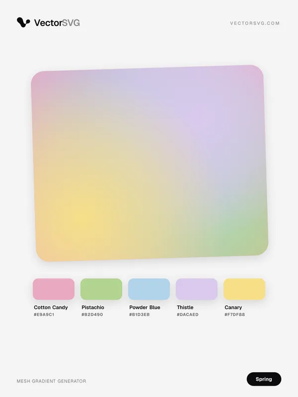 Cherry Breeze Spring mesh gradient: Cotton Candy #E9A9C1, Pistachio #B2D490, Powder Blue #B1D3EB, Thistle #DACAED, Canary #F7DF88 Cherry Breeze Spring mesh gradient: Cotton Candy #E9A9C1, Pistachio #B2D490, Powder Blue #B1D3EB, Thistle #DACAED, Canary #F7DF88