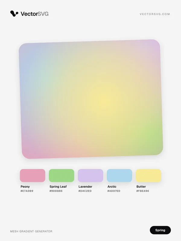 Cherry Showers Spring mesh gradient: Peony #E7A0B9, Spring Leaf #9DD886, Lavender #D4C2ED, Arctic #ADD7ED, Butter #F8EA96 Cherry Showers Spring mesh gradient: Peony #E7A0B9, Spring Leaf #9DD886, Lavender #D4C2ED, Arctic #ADD7ED, Butter #F8EA96