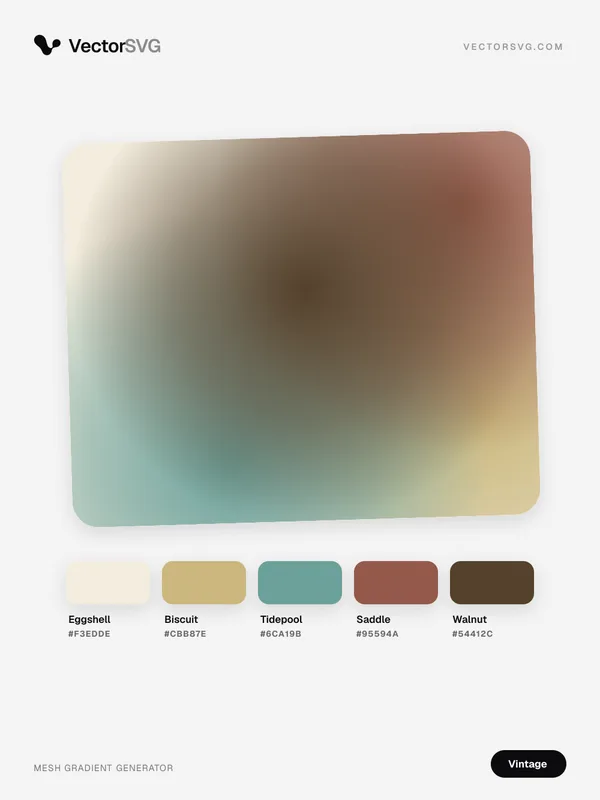 Classic Parlor Vintage mesh gradient: Eggshell #F3EDDE, Biscuit #CBB87E, Tidepool #6CA19B, Saddle #95594A, Walnut #54412C Classic Parlor Vintage mesh gradient: Eggshell #F3EDDE, Biscuit #CBB87E, Tidepool #6CA19B, Saddle #95594A, Walnut #54412C
