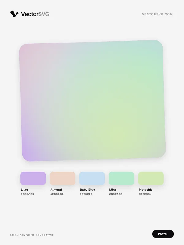 Cloud Petal Pastel mesh gradient: Lilac #CCAFEB, Almond #EDD5C5, Baby Blue #C7DEF2, Mint #B8EACE, Pistachio #D2E9B4 Cloud Petal Pastel mesh gradient: Lilac #CCAFEB, Almond #EDD5C5, Baby Blue #C7DEF2, Mint #B8EACE, Pistachio #D2E9B4