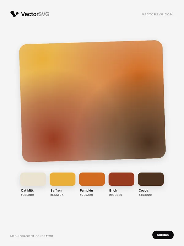 Mesh-Verlauf Copper Season (Herbst): Oat Milk #EBE2D0, Saffron #EAAF3A, Pumpkin #D26A20, Brick #993B20, Cocoa #4D3220 Mesh-Verlauf Copper Season (Herbst): Oat Milk #EBE2D0, Saffron #EAAF3A, Pumpkin #D26A20, Brick #993B20, Cocoa #4D3220