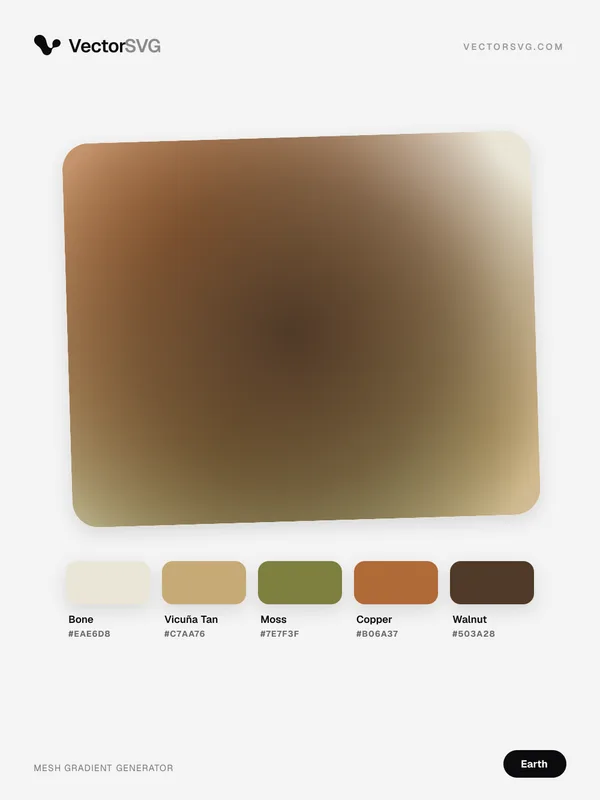 Mesh-Verlauf Desert Hearth (Erdtöne): Bone #EAE6D8, Vicuña Tan #C7AA76, Moss #7E7F3F, Copper #B06A37, Walnut #503A28 Mesh-Verlauf Desert Hearth (Erdtöne): Bone #EAE6D8, Vicuña Tan #C7AA76, Moss #7E7F3F, Copper #B06A37, Walnut #503A28