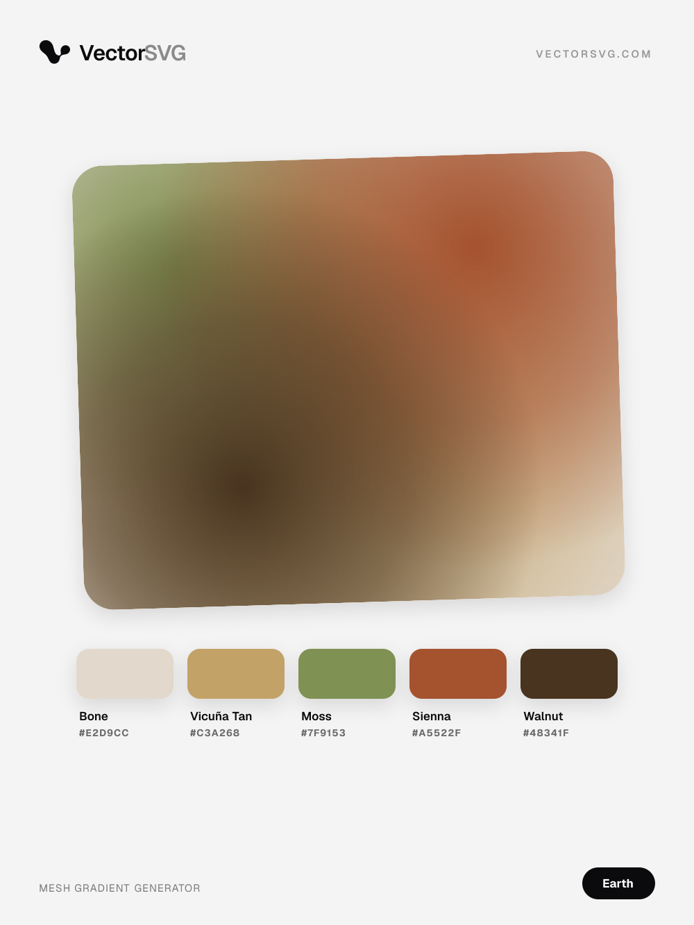 Desert Hearth Earth tones mesh gradient: Bone #E2D9CC, Vicuña Tan #C3A268, Moss #7F9153, Sienna #A5522F, Walnut #48341F Desert Hearth Earth tones mesh gradient: Bone #E2D9CC, Vicuña Tan #C3A268, Moss #7F9153, Sienna #A5522F, Walnut #48341F