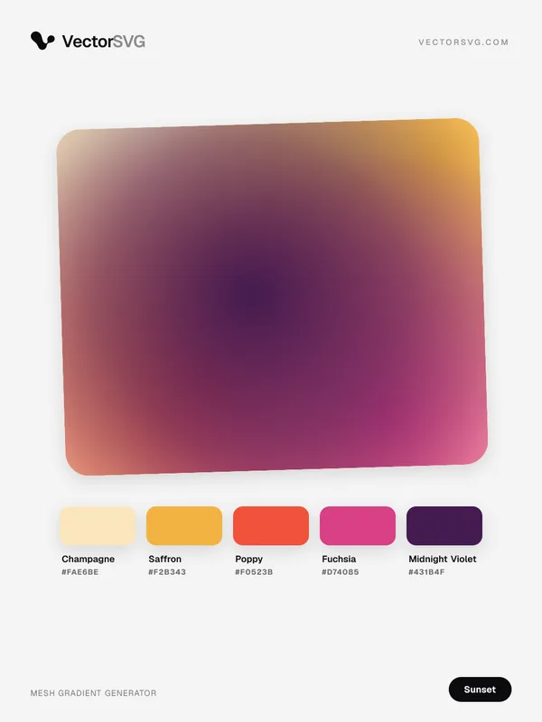 Desert Mirage Sunset mesh gradient: Champagne #FAE6BE, Saffron #F2B343, Poppy #F0523B, Fuchsia #D74085, Midnight Violet #431B4F Desert Mirage Sunset mesh gradient: Champagne #FAE6BE, Saffron #F2B343, Poppy #F0523B, Fuchsia #D74085, Midnight Violet #431B4F