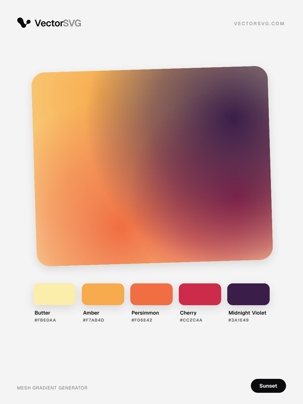 Desert Skyline Sunset mesh gradient: Butter #FBEDAA, Amber #F7AB4D, Persimmon #F06E42, Cherry #CC2C4A, Midnight Violet #3A1E49 Desert Skyline Sunset mesh gradient: Butter #FBEDAA, Amber #F7AB4D, Persimmon #F06E42, Cherry #CC2C4A, Midnight Violet #3A1E49