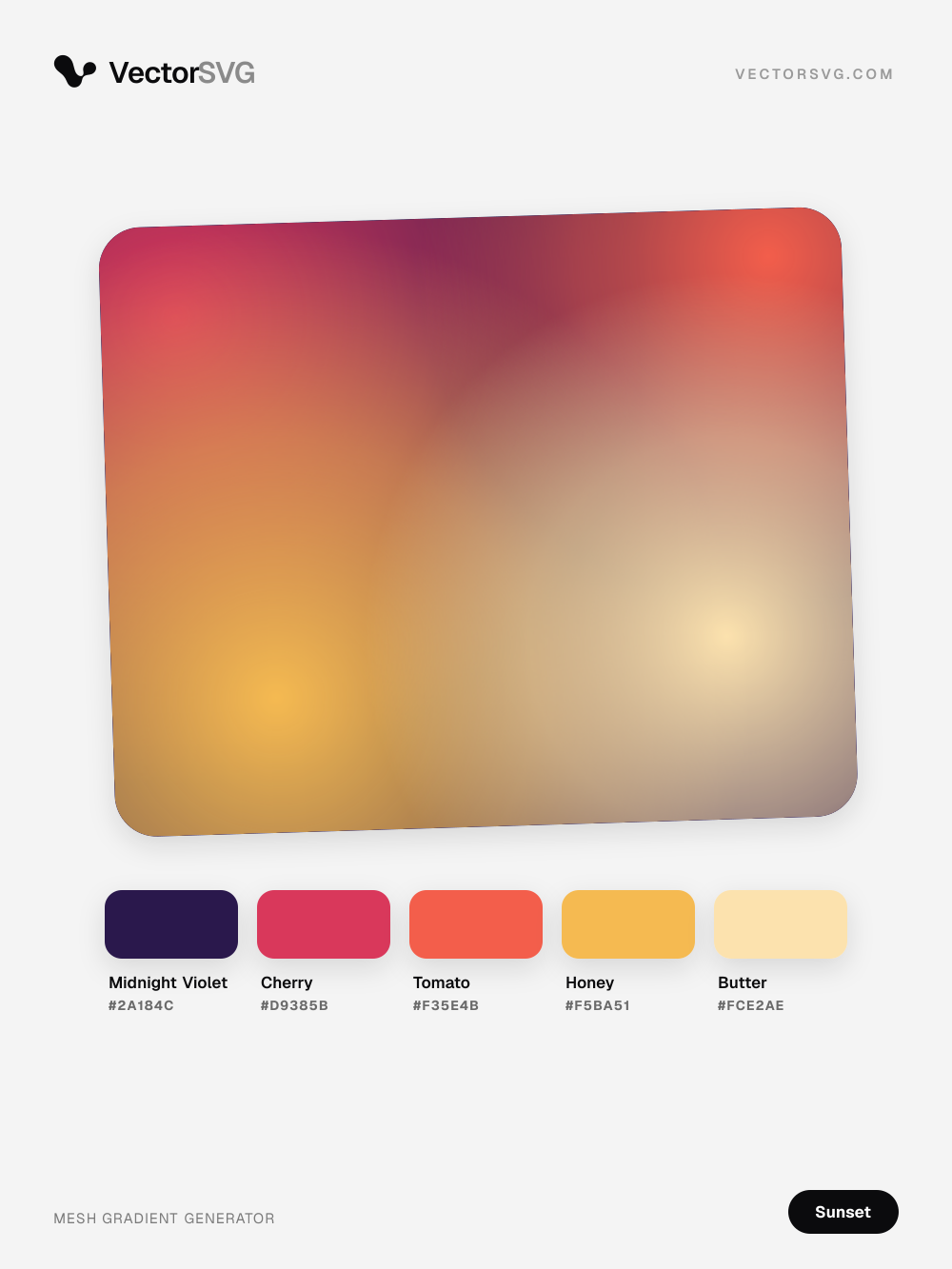 Desert Skyline Sunset mesh gradient: Midnight Violet #2A184C, Cherry #D9385B, Tomato #F35E4B, Honey #F5BA51, Butter #FCE2AE Desert Skyline Sunset mesh gradient: Midnight Violet #2A184C, Cherry #D9385B, Tomato #F35E4B, Honey #F5BA51, Butter #FCE2AE
