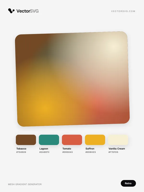 Diner Lounge Retro mesh gradient: Tobacco #724926, Lagoon #2A897C, Tomato #D95D43, Saffron #EDB023, Vanilla Cream #F7EFD5 Diner Lounge Retro mesh gradient: Tobacco #724926, Lagoon #2A897C, Tomato #D95D43, Saffron #EDB023, Vanilla Cream #F7EFD5
