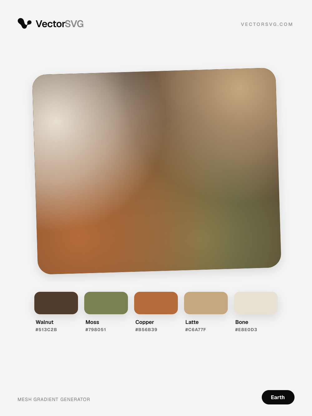 Mesh-Verlauf Dune Mesa (Erdtöne): Walnut #513C2B, Moss #798051, Copper #B56B39, Latte #C6A77F, Bone #E8E0D3 Mesh-Verlauf Dune Mesa (Erdtöne): Walnut #513C2B, Moss #798051, Copper #B56B39, Latte #C6A77F, Bone #E8E0D3