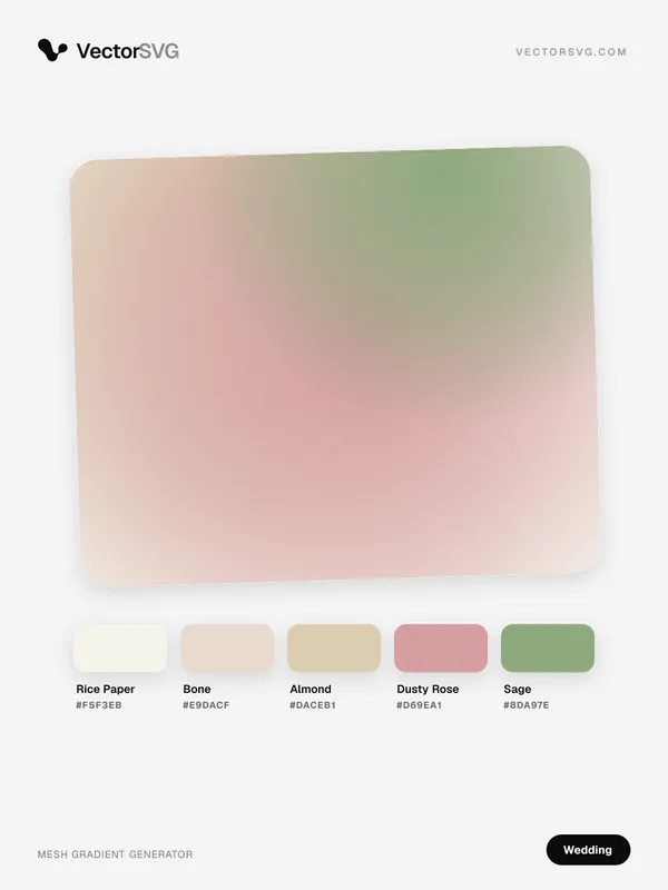 Eucalyptus Toast Wedding mesh gradient: Rice Paper #F5F3EB, Bone #E9DACF, Almond #DACEB1, Dusty Rose #D69EA1, Sage #8DA97E Eucalyptus Toast Wedding mesh gradient: Rice Paper #F5F3EB, Bone #E9DACF, Almond #DACEB1, Dusty Rose #D69EA1, Sage #8DA97E