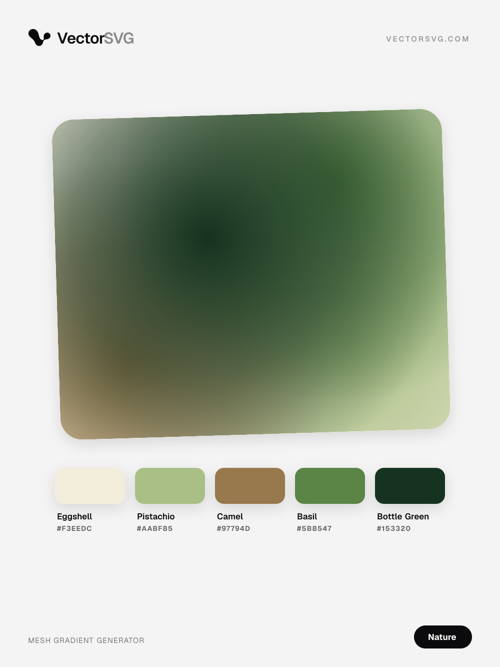 Fern Hollow Nature mesh gradient: Eggshell #F3EEDC, Pistachio #AABF85, Camel #97794D, Basil #5B8547, Bottle Green #153320 Fern Hollow Nature mesh gradient: Eggshell #F3EEDC, Pistachio #AABF85, Camel #97794D, Basil #5B8547, Bottle Green #153320