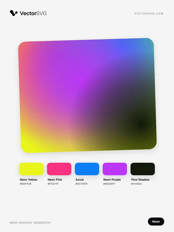 Mesh-Verlauf Glitch Arcade (Neon): Neon Yellow #E8F519, Neon Pink #F9317F, Azure #0C7EF9, Neon Purple #BD36F7, Pine Shadow #11190A Mesh-Verlauf Glitch Arcade (Neon): Neon Yellow #E8F519, Neon Pink #F9317F, Azure #0C7EF9, Neon Purple #BD36F7, Pine Shadow #11190A