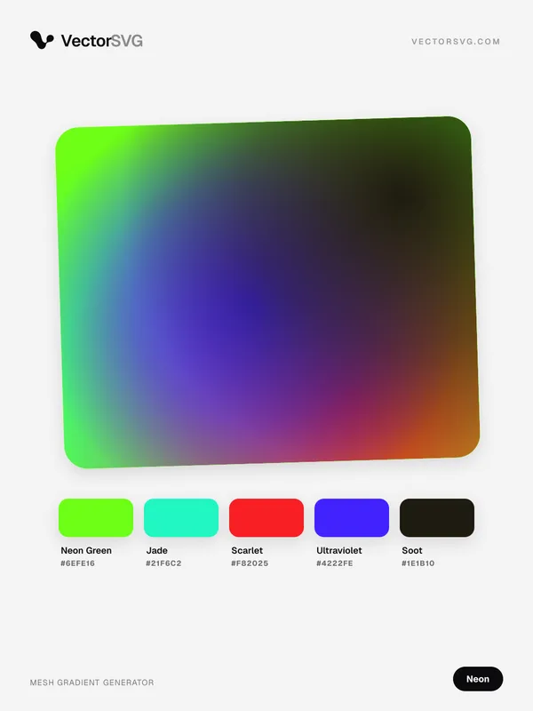 Mesh-Verlauf Glitch Rave (Neon): Neon Green #6EFE16, Jade #21F6C2, Scarlet #F82025, Ultraviolet #4222FE, Soot #1E1B10 Mesh-Verlauf Glitch Rave (Neon): Neon Green #6EFE16, Jade #21F6C2, Scarlet #F82025, Ultraviolet #4222FE, Soot #1E1B10