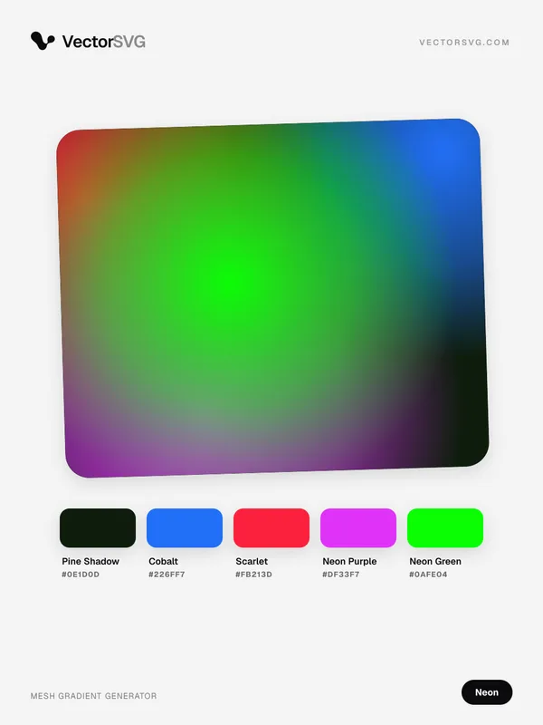 Mesh-Verlauf Glitch Voltage (Neon): Pine Shadow #0E1D0D, Cobalt #226FF7, Scarlet #FB213D, Neon Purple #DF33F7, Neon Green #0AFE04 Mesh-Verlauf Glitch Voltage (Neon): Pine Shadow #0E1D0D, Cobalt #226FF7, Scarlet #FB213D, Neon Purple #DF33F7, Neon Green #0AFE04