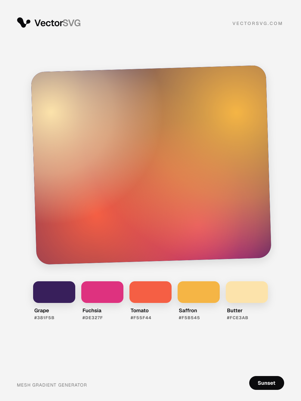 Golden Hour Sunset mesh gradient: Grape #381F5B, Fuchsia #DE327F, Tomato #F55F44, Saffron #F5B545, Butter #FCE3AB Golden Hour Sunset mesh gradient: Grape #381F5B, Fuchsia #DE327F, Tomato #F55F44, Saffron #F5B545, Butter #FCE3AB