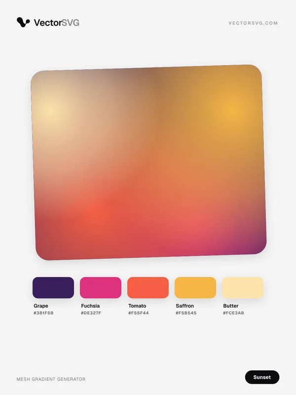 Golden Hour Sunset mesh gradient: Grape #381F5B, Fuchsia #DE327F, Tomato #F55F44, Saffron #F5B545, Butter #FCE3AB Golden Hour Sunset mesh gradient: Grape #381F5B, Fuchsia #DE327F, Tomato #F55F44, Saffron #F5B545, Butter #FCE3AB