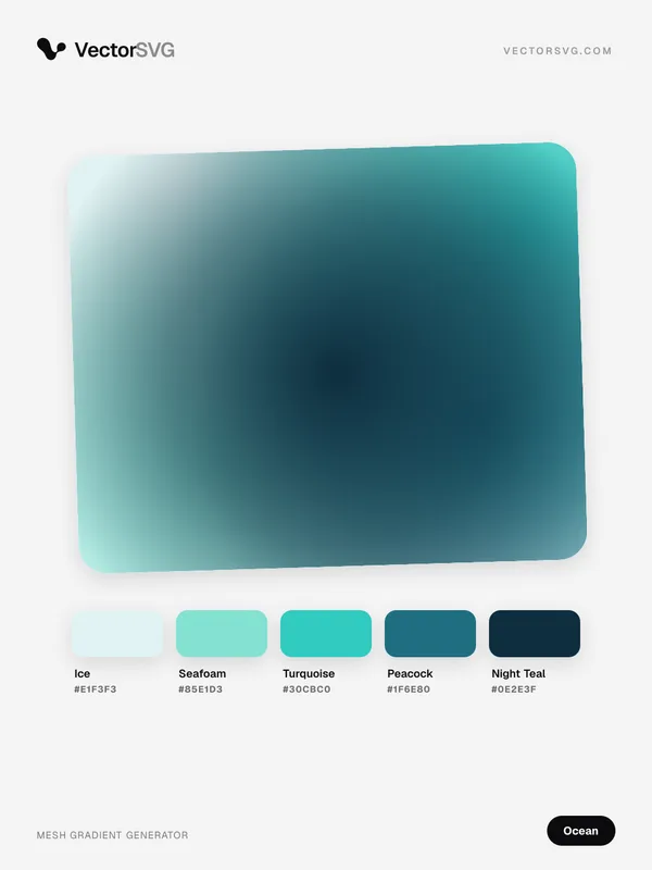 Harbor Shore Ocean mesh gradient: Ice #E1F3F3, Seafoam #85E1D3, Turquoise #30CBC0, Peacock #1F6E80, Night Teal #0E2E3F Harbor Shore Ocean mesh gradient: Ice #E1F3F3, Seafoam #85E1D3, Turquoise #30CBC0, Peacock #1F6E80, Night Teal #0E2E3F