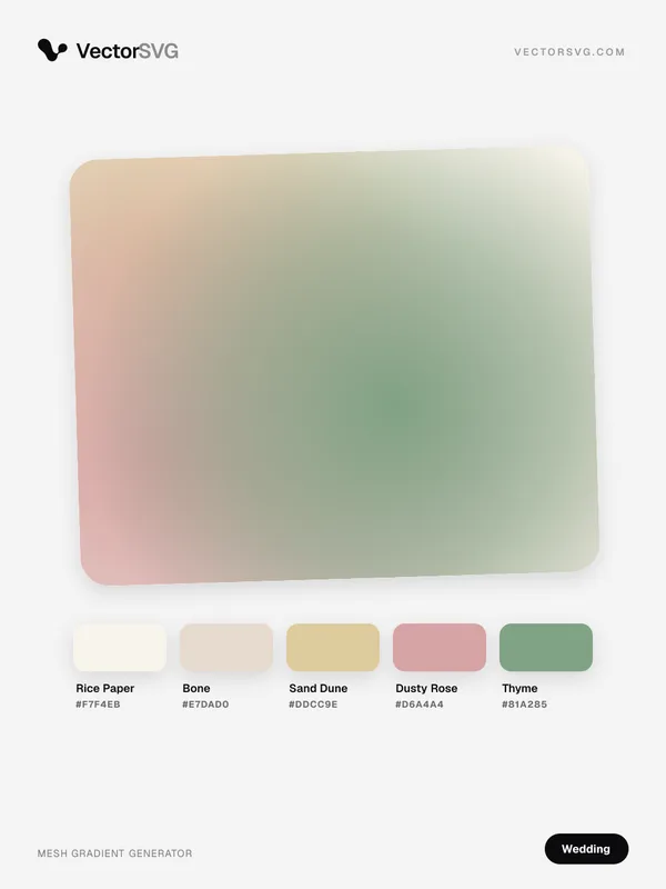 Ivory Ceremony Wedding mesh gradient: Rice Paper #F7F4EB, Bone #E7DAD0, Sand Dune #DDCC9E, Dusty Rose #D6A4A4, Thyme #81A285 Ivory Ceremony Wedding mesh gradient: Rice Paper #F7F4EB, Bone #E7DAD0, Sand Dune #DDCC9E, Dusty Rose #D6A4A4, Thyme #81A285