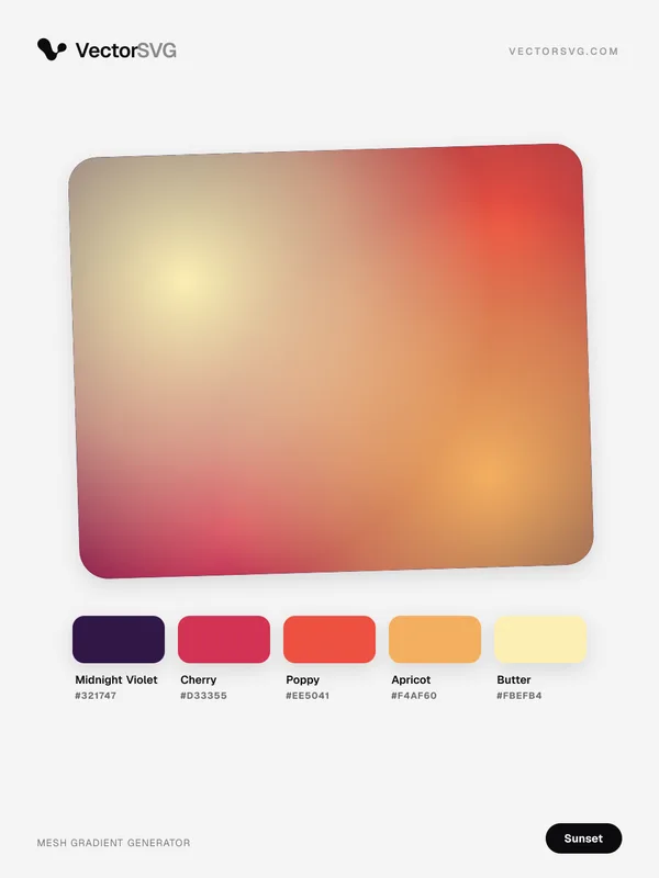 Malibu Evening Sunset mesh gradient: Midnight Violet #321747, Cherry #D33355, Poppy #EE5041, Apricot #F4AF60, Butter #FBEFB4 Malibu Evening Sunset mesh gradient: Midnight Violet #321747, Cherry #D33355, Poppy #EE5041, Apricot #F4AF60, Butter #FBEFB4