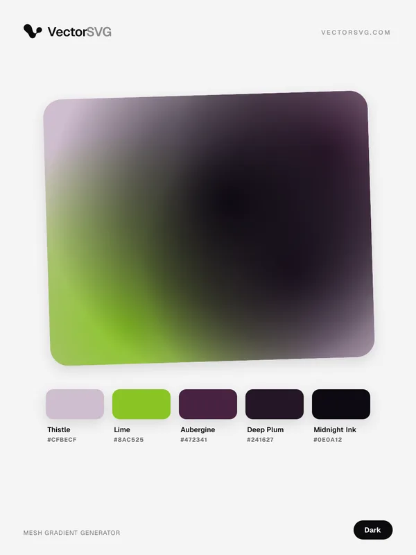 Mesh-Verlauf Midnight Club (Dunkel): Thistle #CFBECF, Lime #8AC525, Aubergine #472341, Deep Plum #241627, Midnight Ink #0E0A12 Mesh-Verlauf Midnight Club (Dunkel): Thistle #CFBECF, Lime #8AC525, Aubergine #472341, Deep Plum #241627, Midnight Ink #0E0A12