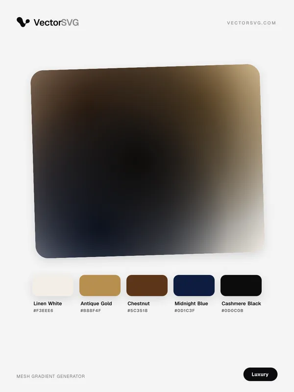 Mesh-Verlauf Midnight Suite (Luxus): Linen White #F3EEE6, Antique Gold #B88F4F, Chestnut #5C3518, Midnight Blue #0D1C3F, Cashmere Black #0D0C0B Mesh-Verlauf Midnight Suite (Luxus): Linen White #F3EEE6, Antique Gold #B88F4F, Chestnut #5C3518, Midnight Blue #0D1C3F, Cashmere Black #0D0C0B