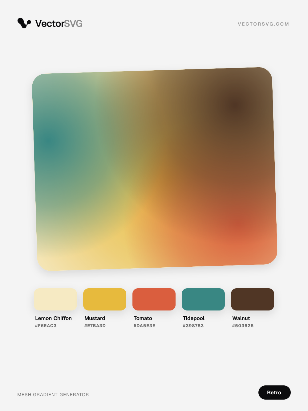 Mesh-Verlauf Mod Kitchen (Retro): Lemon Chiffon #F6EAC3, Mustard #E7BA3D, Tomato #DA5E3E, Tidepool #398783, Walnut #503625 Mesh-Verlauf Mod Kitchen (Retro): Lemon Chiffon #F6EAC3, Mustard #E7BA3D, Tomato #DA5E3E, Tidepool #398783, Walnut #503625