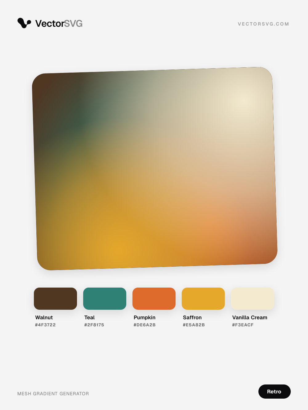Gradiente mesh Mod Summer (Retrô): Walnut #4F3722, Teal #2F8175, Pumpkin #DE6A2B, Saffron #E5A82B, Vanilla Cream #F3EACF Gradiente mesh Mod Summer (Retrô): Walnut #4F3722, Teal #2F8175, Pumpkin #DE6A2B, Saffron #E5A82B, Vanilla Cream #F3EACF