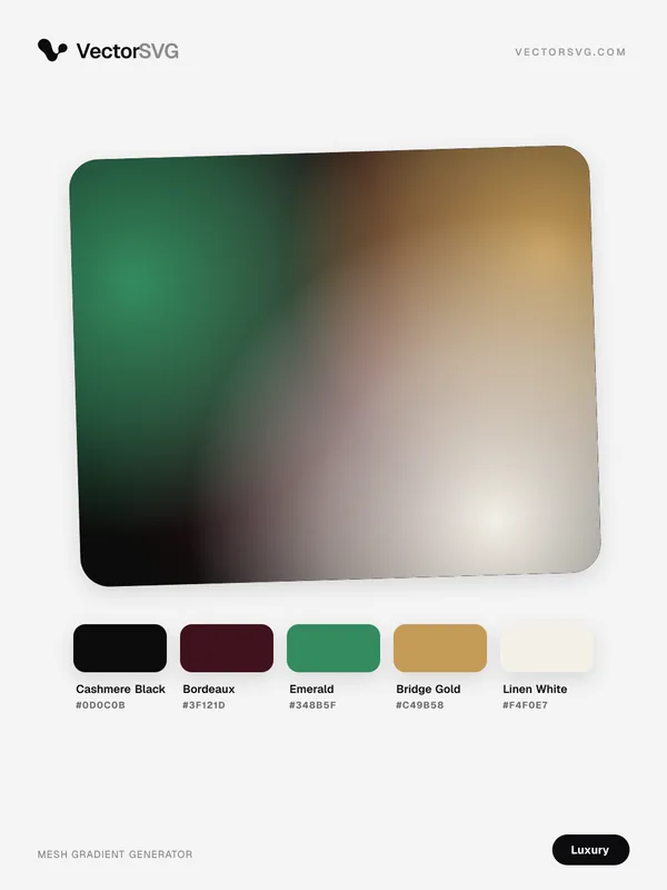 Mesh-Verlauf Noble Reserve (Luxus): Cashmere Black #0D0C0B, Bordeaux #3F121D, Emerald #348B5F, Bridge Gold #C49B58, Linen White #F4F0E7 Mesh-Verlauf Noble Reserve (Luxus): Cashmere Black #0D0C0B, Bordeaux #3F121D, Emerald #348B5F, Bridge Gold #C49B58, Linen White #F4F0E7