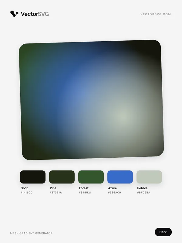 Mesh-Verlauf Obsidian Mode (Dunkel): Soot #14150C, Pine #27321A, Forest #34552C, Azure #386AC9, Pebble #BFC9BA Mesh-Verlauf Obsidian Mode (Dunkel): Soot #14150C, Pine #27321A, Forest #34552C, Azure #386AC9, Pebble #BFC9BA