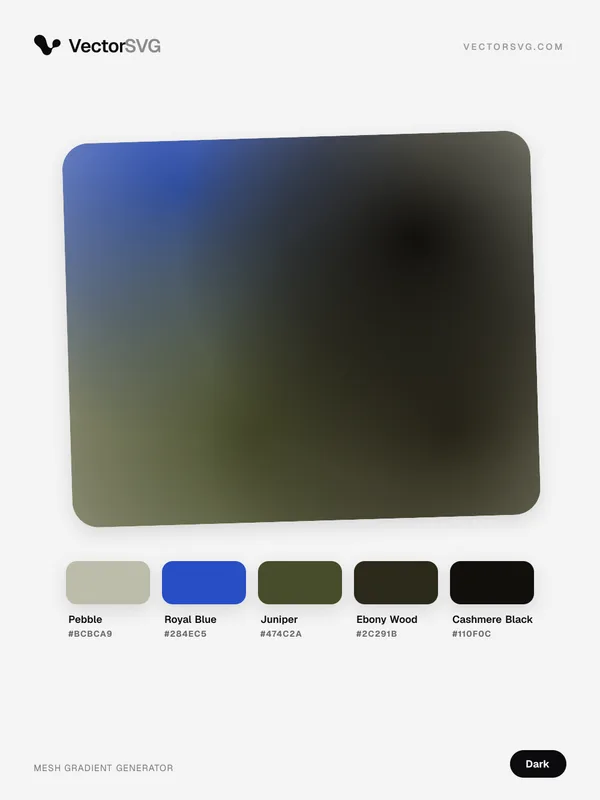 Mesh-Verlauf Obsidian Mode (Dunkel): Pebble #BCBCA9, Royal Blue #284EC5, Juniper #474C2A, Ebony Wood #2C291B, Cashmere Black #110F0C Mesh-Verlauf Obsidian Mode (Dunkel): Pebble #BCBCA9, Royal Blue #284EC5, Juniper #474C2A, Ebony Wood #2C291B, Cashmere Black #110F0C