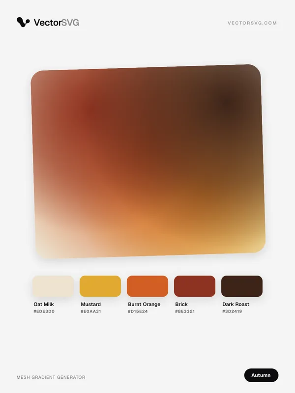 Mesh-Verlauf Pumpkin Orchard (Herbst): Oat Milk #EDE3D0, Mustard #E0AA31, Burnt Orange #D15E24, Brick #8E3321, Dark Roast #3D2419 Mesh-Verlauf Pumpkin Orchard (Herbst): Oat Milk #EDE3D0, Mustard #E0AA31, Burnt Orange #D15E24, Brick #8E3321, Dark Roast #3D2419