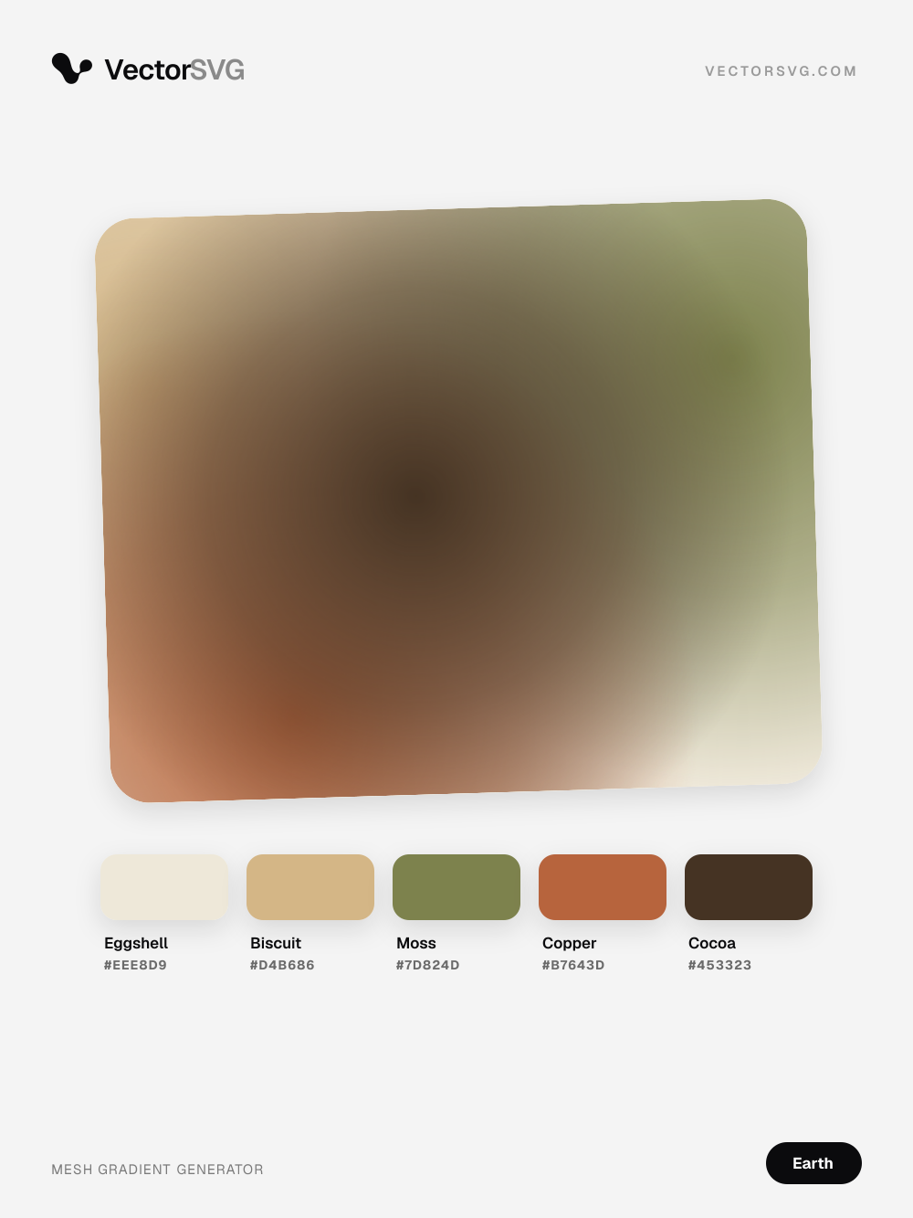 Mesh-Verlauf Rustic Harvest (Erdtöne): Eggshell #EEE8D9, Biscuit #D4B686, Moss #7D824D, Copper #B7643D, Cocoa #453323 Mesh-Verlauf Rustic Harvest (Erdtöne): Eggshell #EEE8D9, Biscuit #D4B686, Moss #7D824D, Copper #B7643D, Cocoa #453323