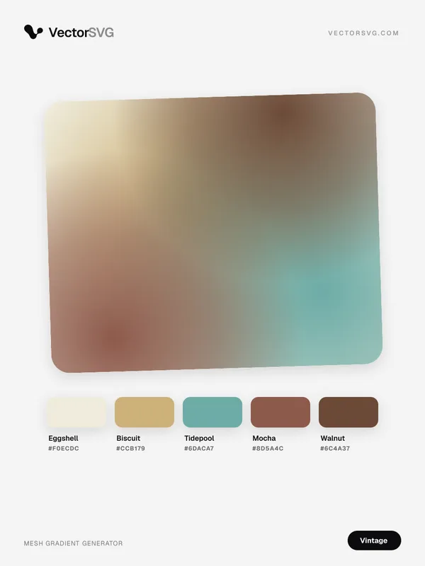 Sepia Album Vintage mesh gradient: Eggshell #F0ECDC, Biscuit #CCB179, Tidepool #6DACA7, Mocha #8D5A4C, Walnut #6C4A37 Sepia Album Vintage mesh gradient: Eggshell #F0ECDC, Biscuit #CCB179, Tidepool #6DACA7, Mocha #8D5A4C, Walnut #6C4A37