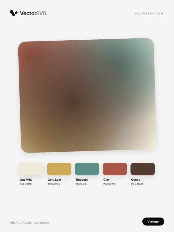 Sepia Tapestry Vintage mesh gradient: Oat Milk #EFE9D6, Gold Leaf #CCA956, Tidepool #5C8E87, Clay #A75649, Cocoa #533C31 Sepia Tapestry Vintage mesh gradient: Oat Milk #EFE9D6, Gold Leaf #CCA956, Tidepool #5C8E87, Clay #A75649, Cocoa #533C31