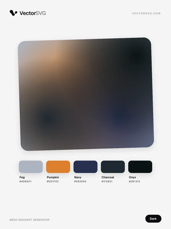Mesh-Verlauf Shadow Lounge (Dunkel): Fog #ADB4C1, Pumpkin #DD7F2C, Navy #283050, Charcoal #1F2831, Onyx #0B1314 Mesh-Verlauf Shadow Lounge (Dunkel): Fog #ADB4C1, Pumpkin #DD7F2C, Navy #283050, Charcoal #1F2831, Onyx #0B1314