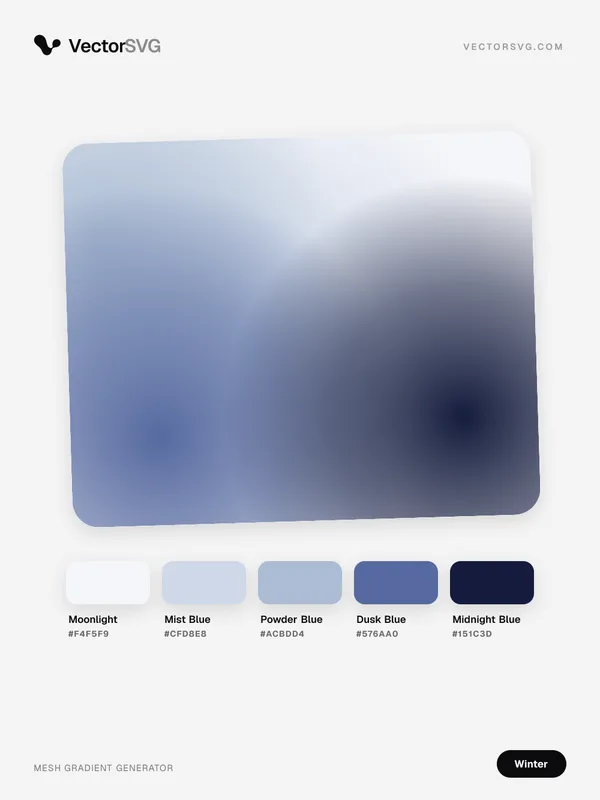 Silent Lake Winter mesh gradient: Moonlight #F4F5F9, Mist Blue #CFD8E8, Powder Blue #ACBDD4, Dusk Blue #576AA0, Midnight Blue #151C3D Silent Lake Winter mesh gradient: Moonlight #F4F5F9, Mist Blue #CFD8E8, Powder Blue #ACBDD4, Dusk Blue #576AA0, Midnight Blue #151C3D