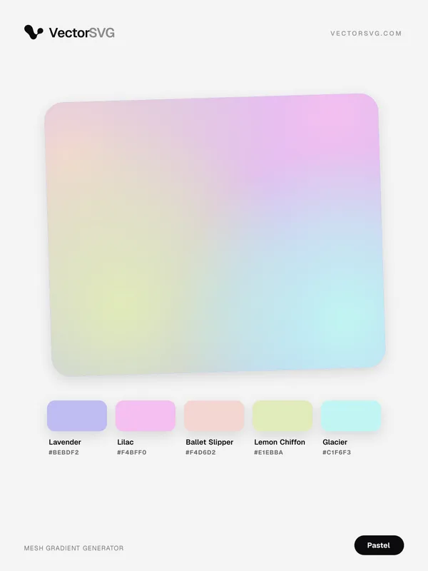 Soft Petal Pastel mesh gradient: Lavender #BEBDF2, Lilac #F4BFF0, Ballet Slipper #F4D6D2, Lemon Chiffon #E1EBBA, Glacier #C1F6F3 Soft Petal Pastel mesh gradient: Lavender #BEBDF2, Lilac #F4BFF0, Ballet Slipper #F4D6D2, Lemon Chiffon #E1EBBA, Glacier #C1F6F3