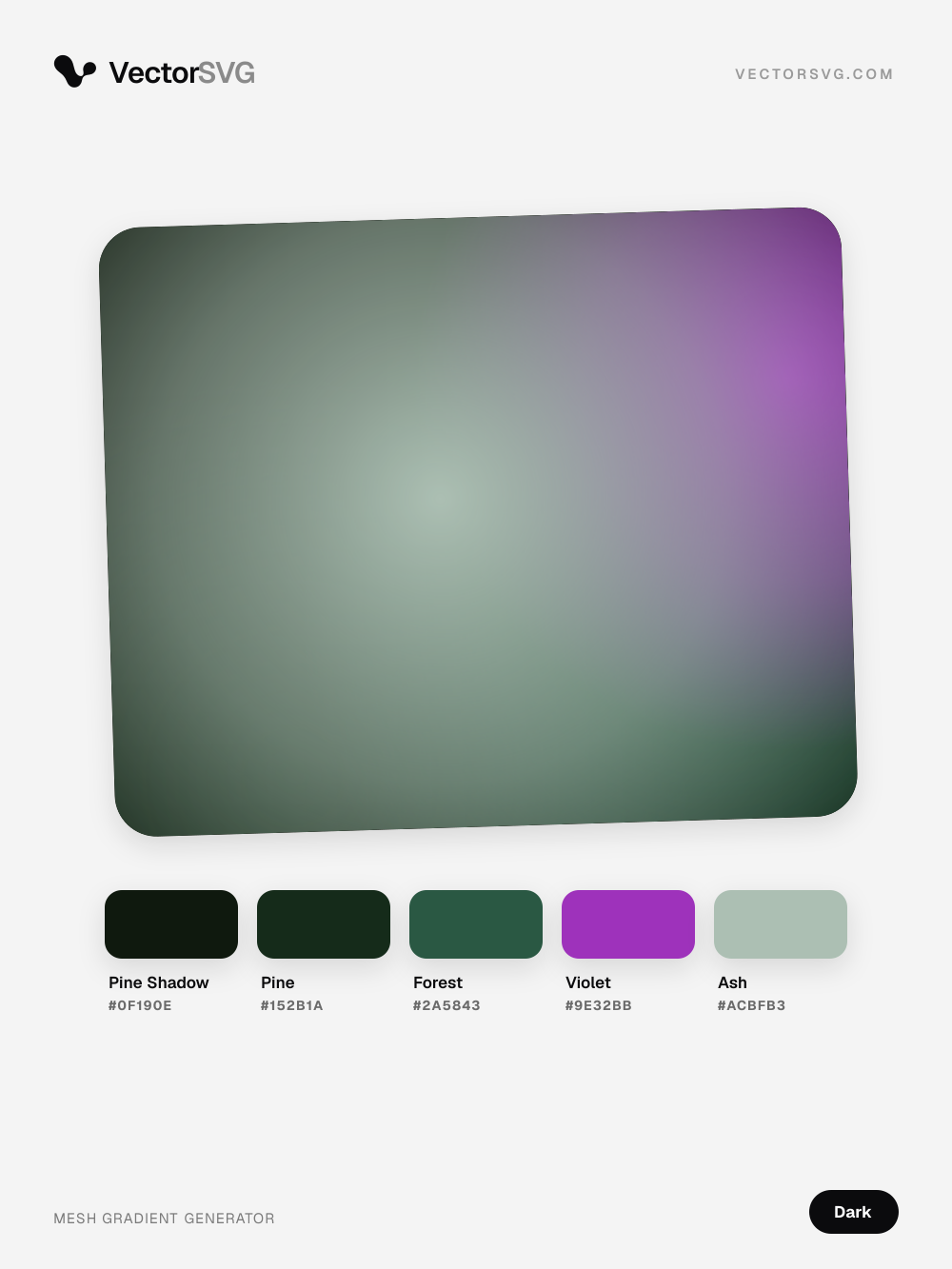 Mesh-Verlauf Storm Code (Dunkel): Pine Shadow #0F190E, Pine #152B1A, Forest #2A5843, Violet #9E32BB, Ash #ACBFB3 Mesh-Verlauf Storm Code (Dunkel): Pine Shadow #0F190E, Pine #152B1A, Forest #2A5843, Violet #9E32BB, Ash #ACBFB3