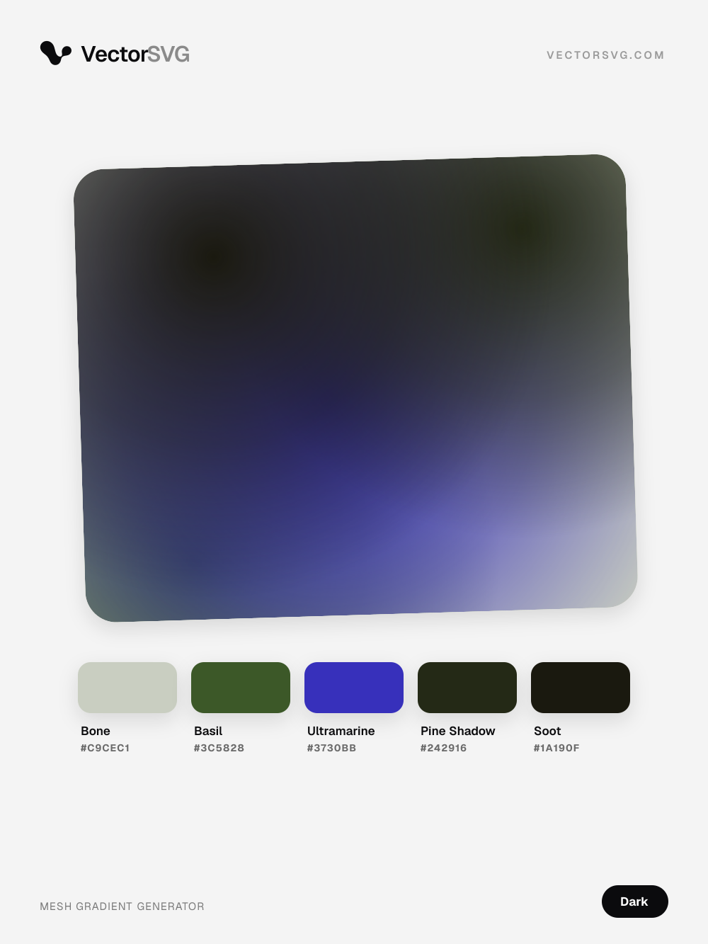Mesh-Verlauf Storm Orbit (Dunkel): Bone #C9CEC1, Basil #3C5828, Ultramarine #3730BB, Pine Shadow #242916, Soot #1A190F Mesh-Verlauf Storm Orbit (Dunkel): Bone #C9CEC1, Basil #3C5828, Ultramarine #3730BB, Pine Shadow #242916, Soot #1A190F