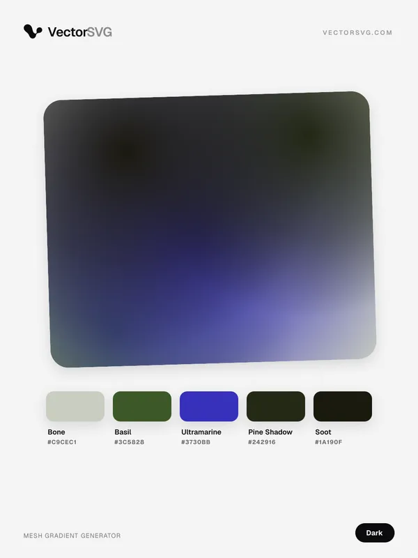 Mesh-Verlauf Storm Orbit (Dunkel): Bone #C9CEC1, Basil #3C5828, Ultramarine #3730BB, Pine Shadow #242916, Soot #1A190F Mesh-Verlauf Storm Orbit (Dunkel): Bone #C9CEC1, Basil #3C5828, Ultramarine #3730BB, Pine Shadow #242916, Soot #1A190F