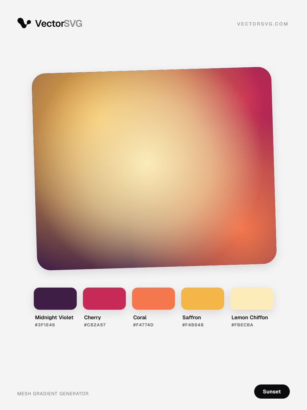 Twilight Horizon Sunset mesh gradient: Midnight Violet #3F1E46, Cherry #C82A57, Coral #F4774D, Saffron #F4B648, Lemon Chiffon #FBECBA Twilight Horizon Sunset mesh gradient: Midnight Violet #3F1E46, Cherry #C82A57, Coral #F4774D, Saffron #F4B648, Lemon Chiffon #FBECBA