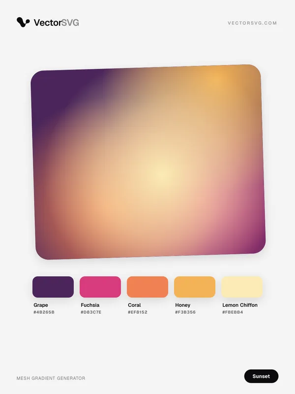 Twilight Skyline Sunset mesh gradient: Grape #4B265B, Fuchsia #D83C7E, Coral #EF8152, Honey #F3B356, Lemon Chiffon #FBEBB4 Twilight Skyline Sunset mesh gradient: Grape #4B265B, Fuchsia #D83C7E, Coral #EF8152, Honey #F3B356, Lemon Chiffon #FBEBB4