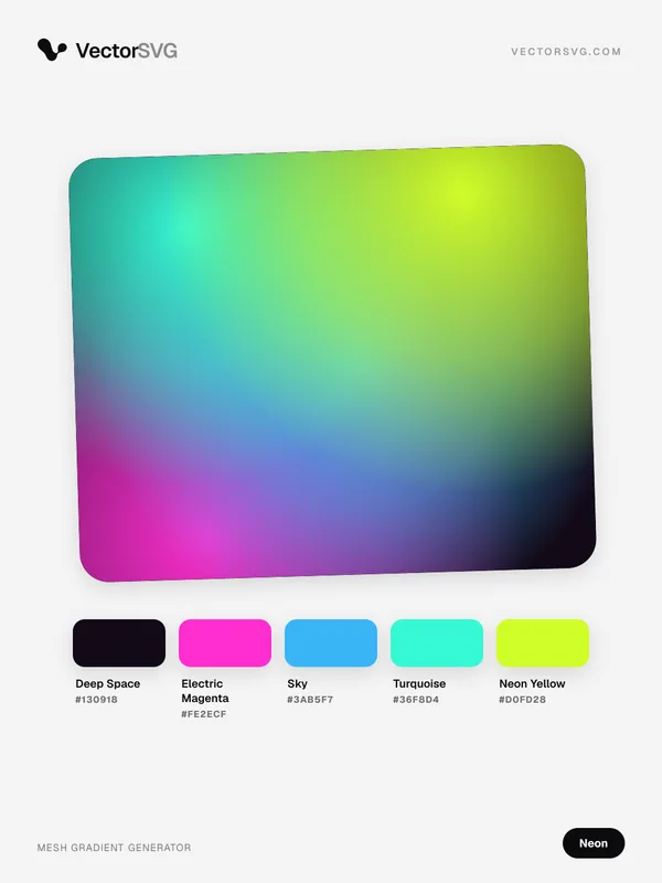 Mesh-Verlauf Ultra Voltage (Neon): Deep Space #130918, Electric Magenta #FE2ECF, Sky #3AB5F7, Turquoise #36F8D4, Neon Yellow #D0FD28 Mesh-Verlauf Ultra Voltage (Neon): Deep Space #130918, Electric Magenta #FE2ECF, Sky #3AB5F7, Turquoise #36F8D4, Neon Yellow #D0FD28