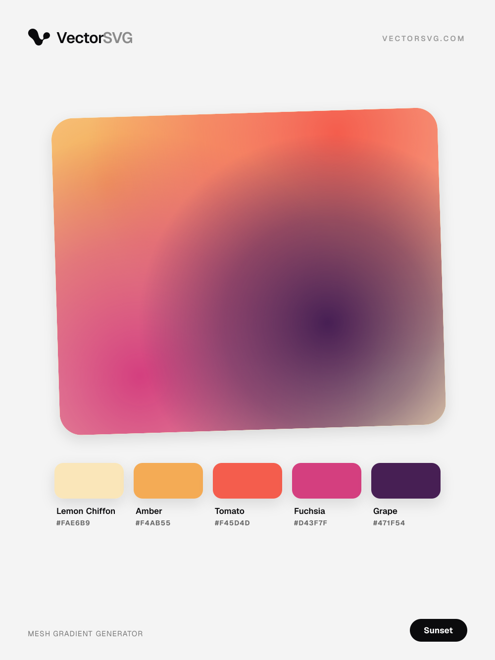 Velvet Horizon Sunset mesh gradient: Lemon Chiffon #FAE6B9, Amber #F4AB55, Tomato #F45D4D, Fuchsia #D43F7F, Grape #471F54 Velvet Horizon Sunset mesh gradient: Lemon Chiffon #FAE6B9, Amber #F4AB55, Tomato #F45D4D, Fuchsia #D43F7F, Grape #471F54